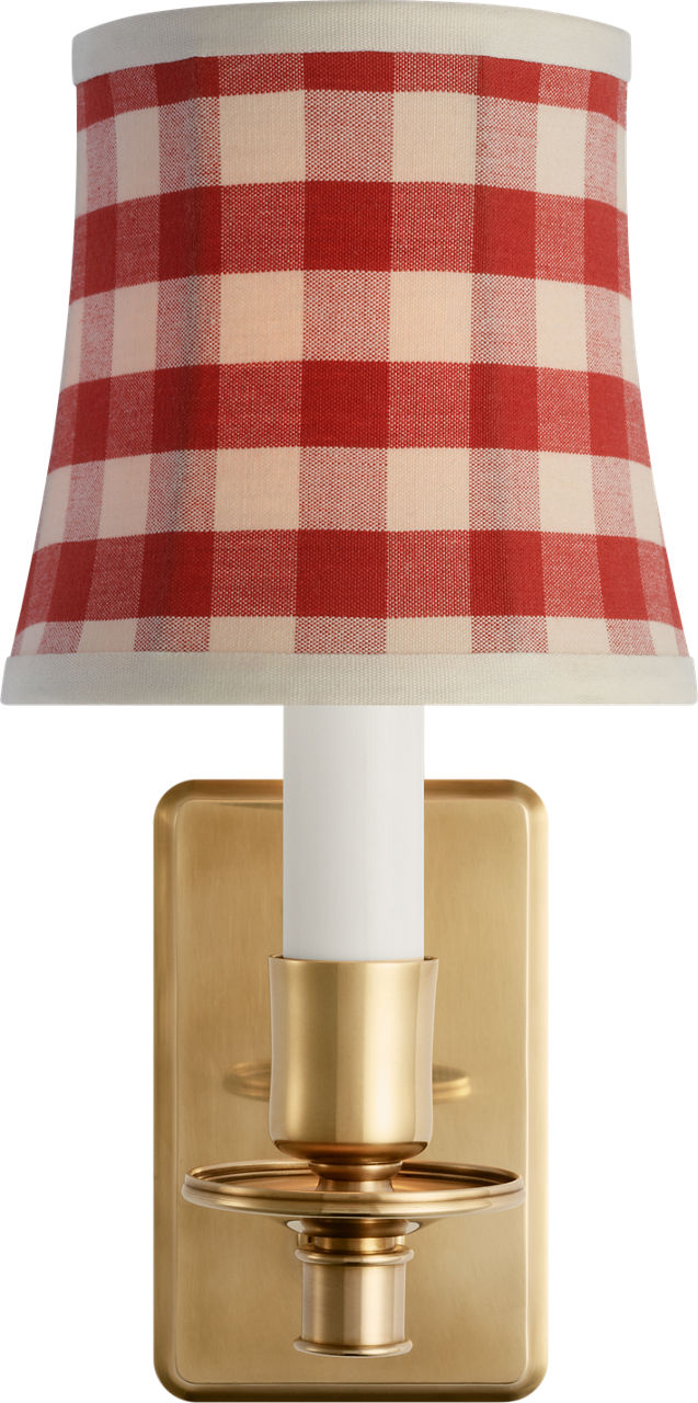 Tara 12" Sconce | Hand-Rubbed Antique Brass | Schumacher Red Elton Check Soft Empire Shade