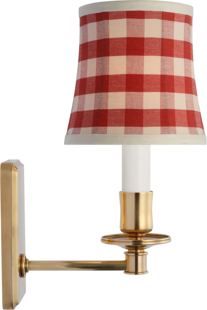 Tara 12" Sconce | Hand-Rubbed Antique Brass | Schumacher Red Elton Check Soft Empire Shade