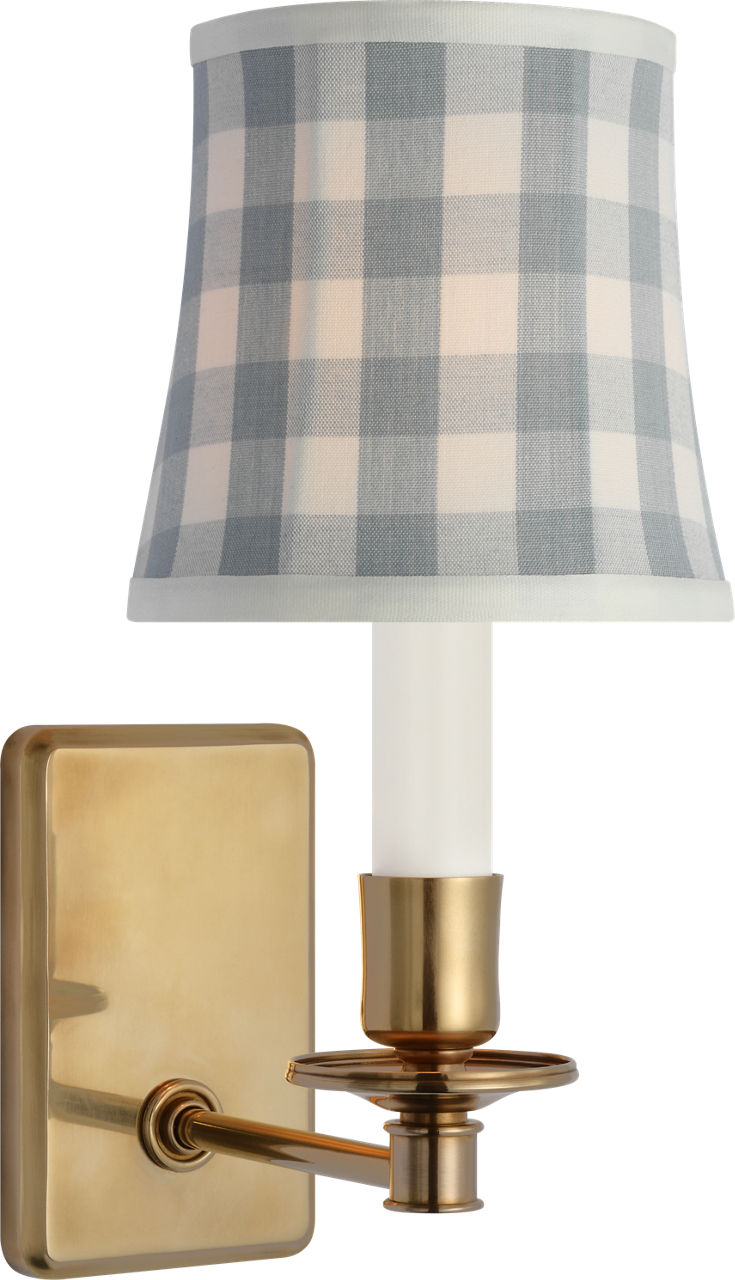 Tara 12" Sconce | Hand-Rubbed Antique Brass | Schumacher Sky Elton Check Soft Empire Shade