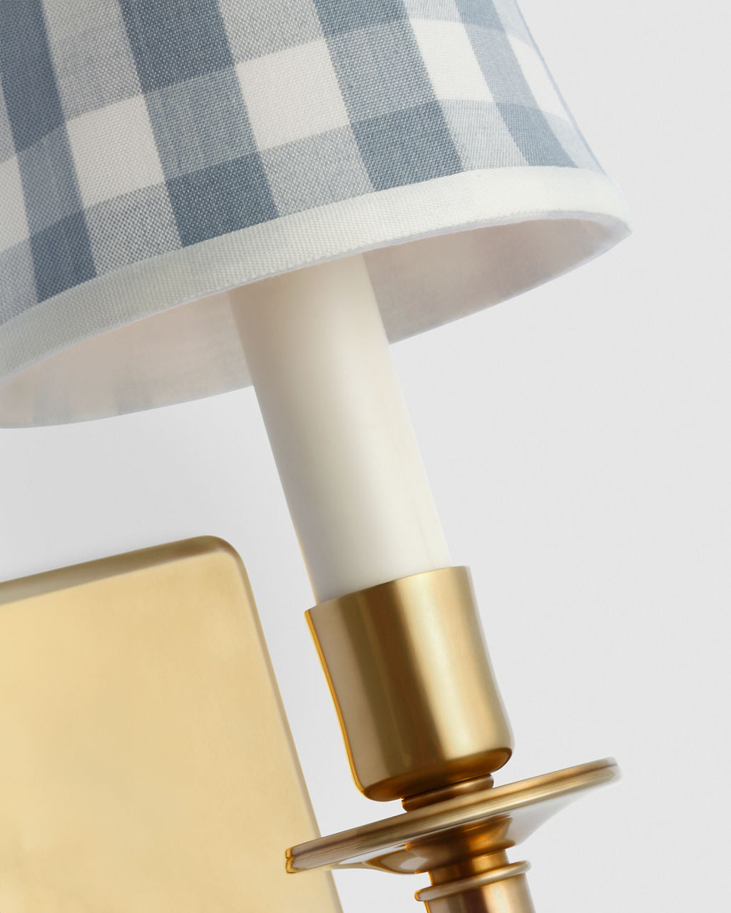 Tara 12" Sconce | Hand-Rubbed Antique Brass | Schumacher Sky Elton Check Soft Empire Shade