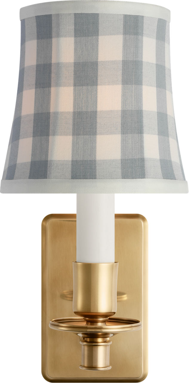 Tara 12" Sconce | Hand-Rubbed Antique Brass | Schumacher Sky Elton Check Soft Empire Shade