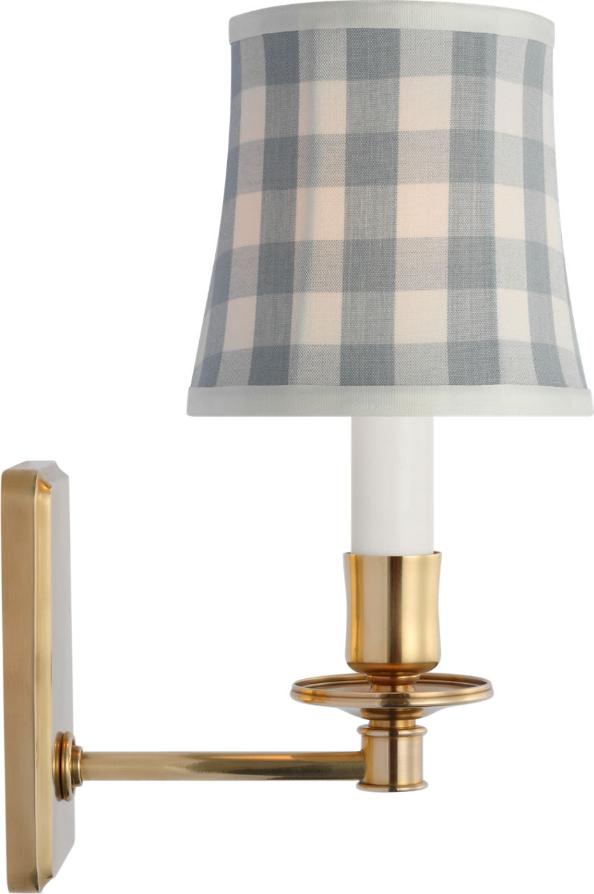 Tara 12" Sconce | Hand-Rubbed Antique Brass | Schumacher Sky Elton Check Soft Empire Shade