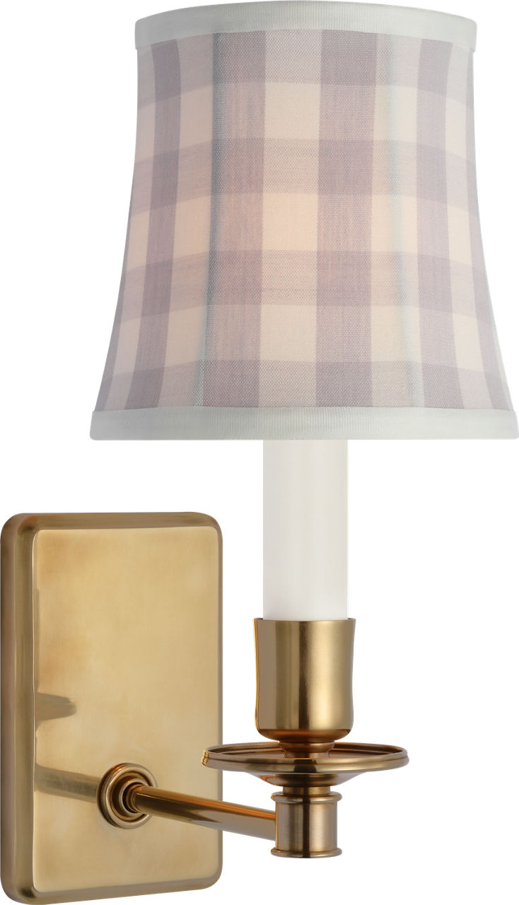 Tara 12" Sconce | Hand-Rubbed Antique Brass | Schumacher Lilac Elton Check Soft Empire Shade