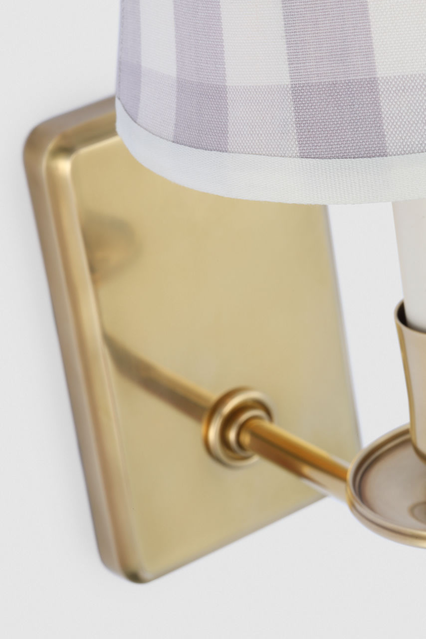 Tara 12" Sconce | Hand-Rubbed Antique Brass | Schumacher Lilac Elton Check Soft Empire Shade