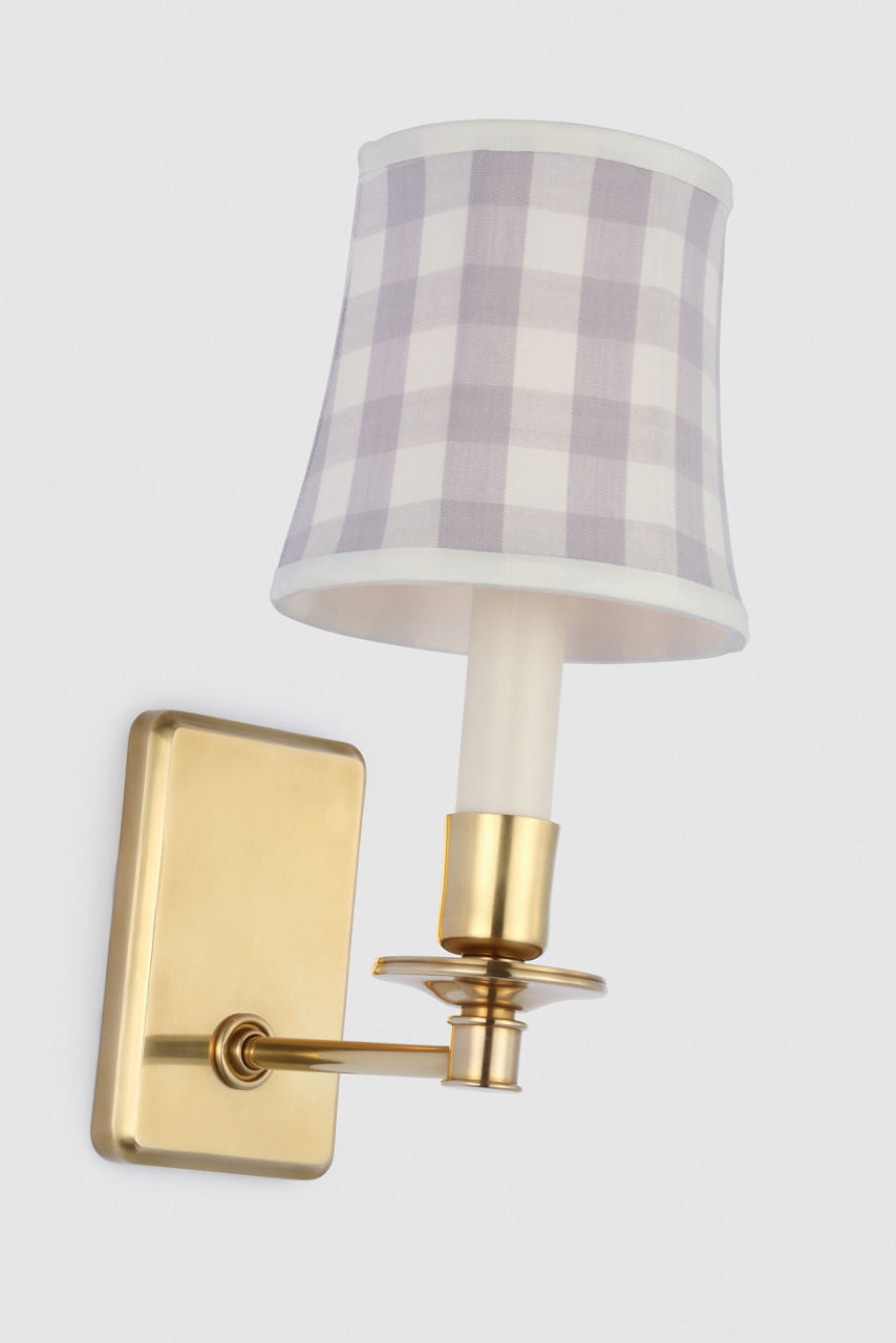 Tara 12" Sconce | Hand-Rubbed Antique Brass | Schumacher Lilac Elton Check Soft Empire Shade