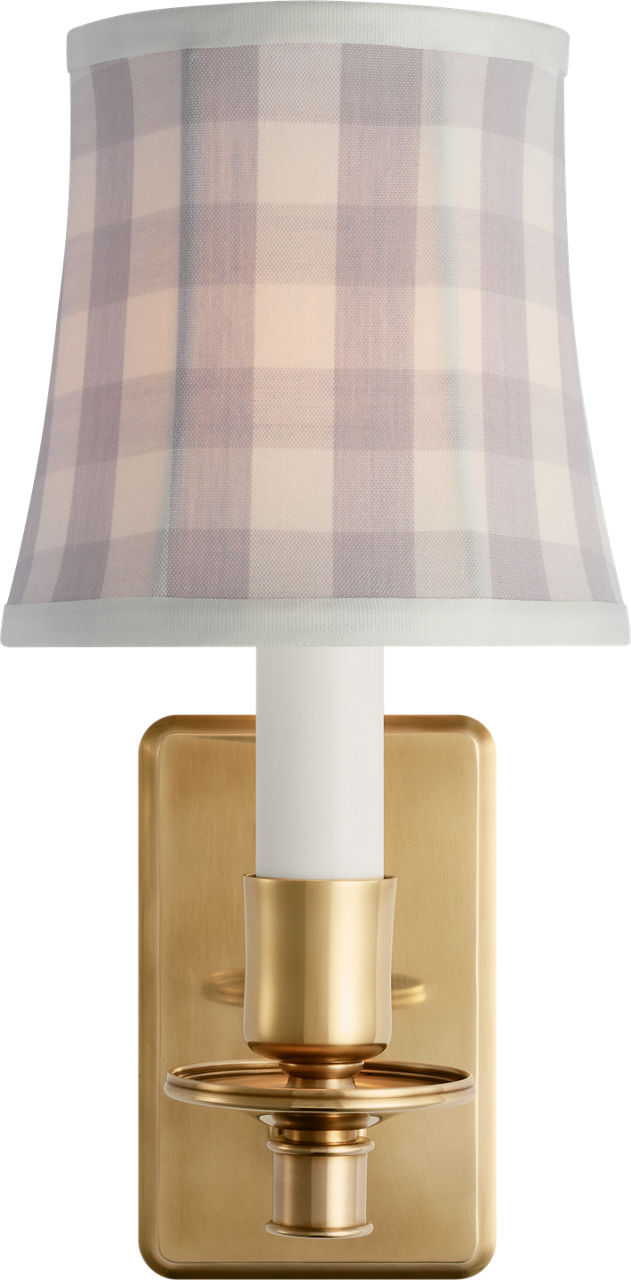 Tara 12" Sconce | Hand-Rubbed Antique Brass | Schumacher Lilac Elton Check Soft Empire Shade
