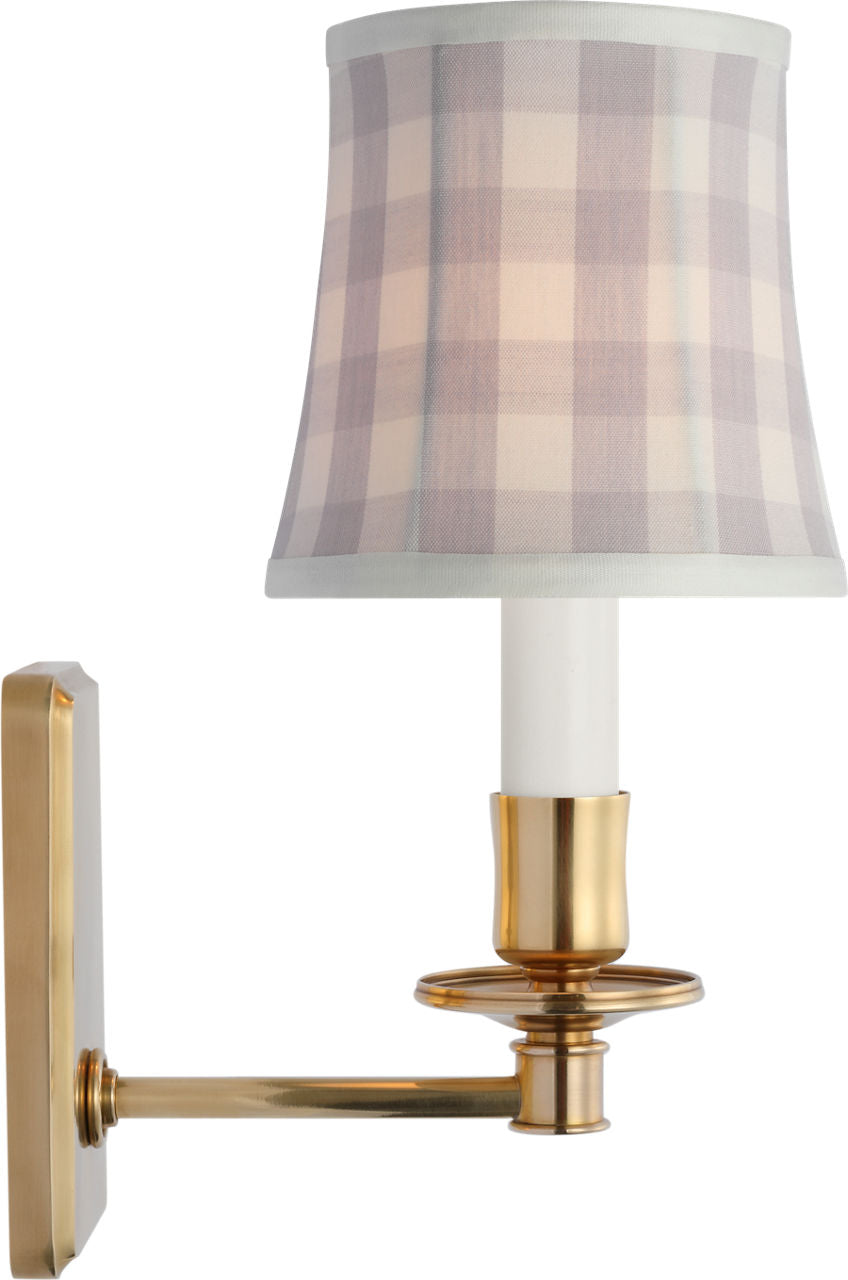 Tara 12" Sconce | Hand-Rubbed Antique Brass | Schumacher Lilac Elton Check Soft Empire Shade