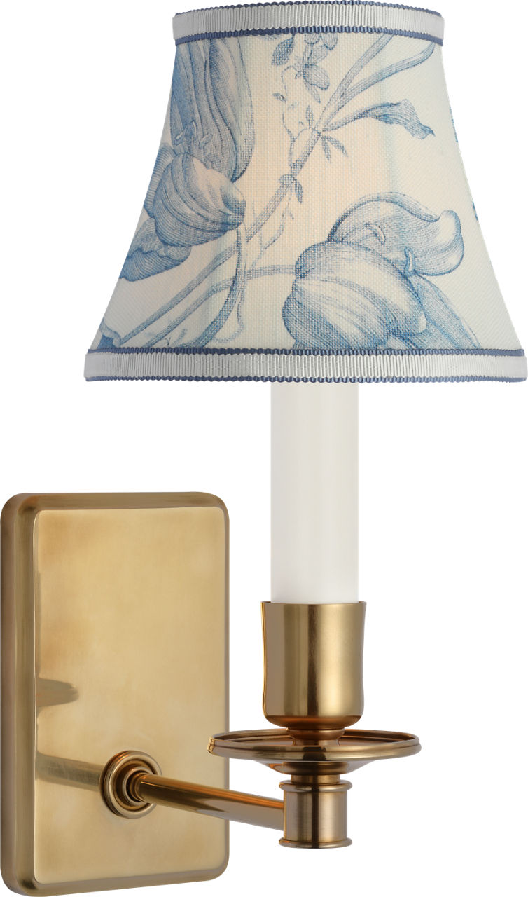 Tara 11" Sconce | Hand-Rubbed Antique Brass | Schumacher Delft Toile De Fleurs Bell Empire Shade
