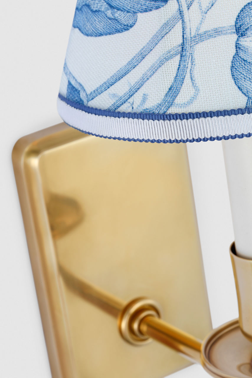 Tara 11" Sconce | Hand-Rubbed Antique Brass | Schumacher Delft Toile De Fleurs Bell Empire Shade