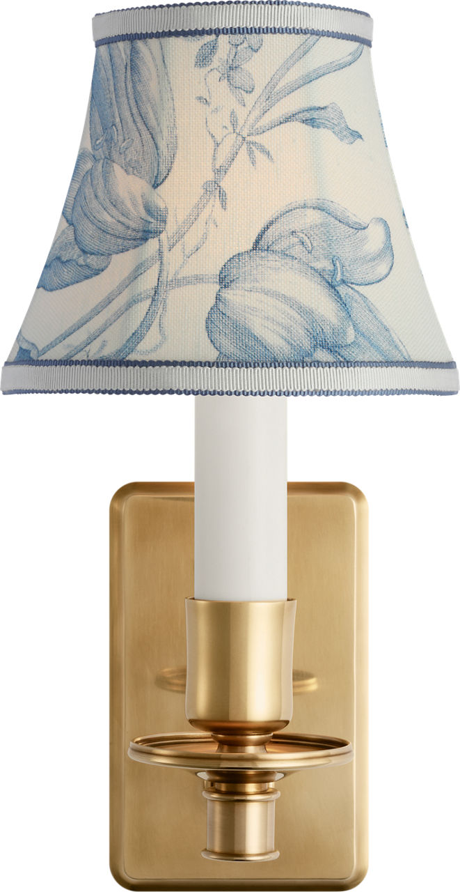 Tara 11" Sconce | Hand-Rubbed Antique Brass | Schumacher Delft Toile De Fleurs Bell Empire Shade