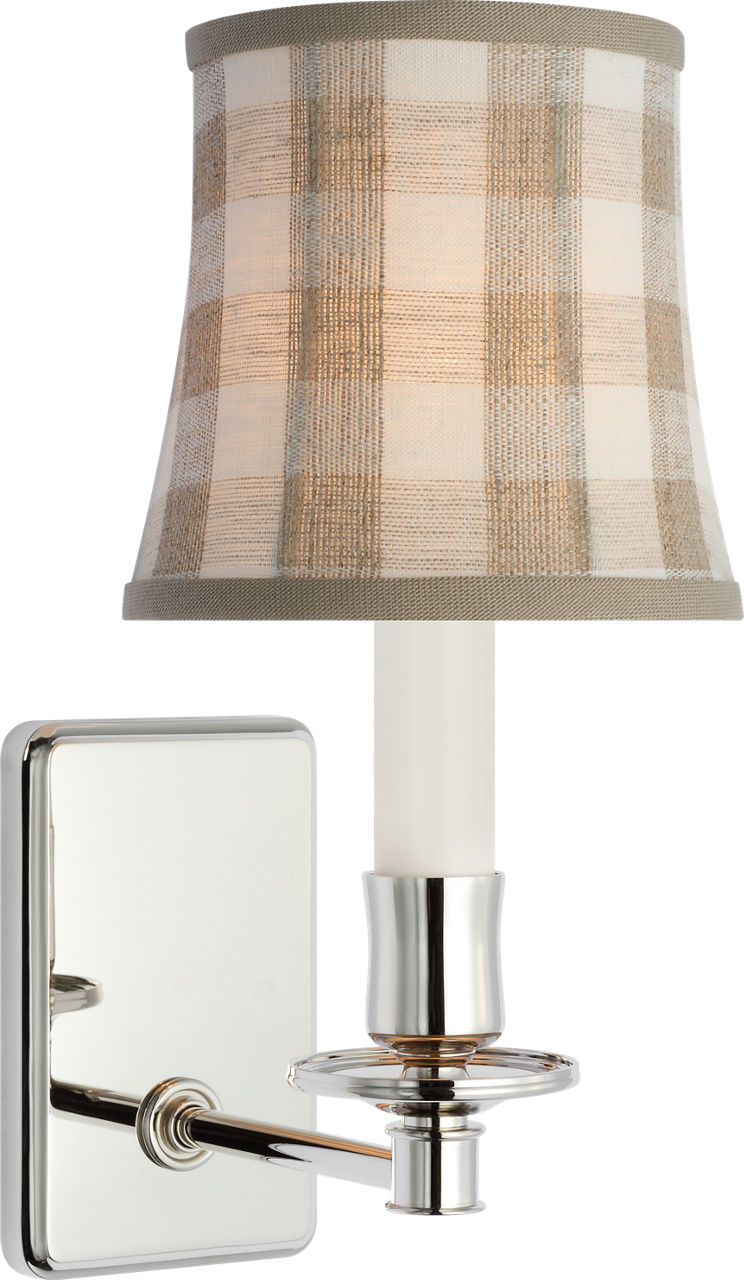 Tara 12" Sconce | Polished Nickel | Schumacher Natural Sidney Check Soft Empire Shade