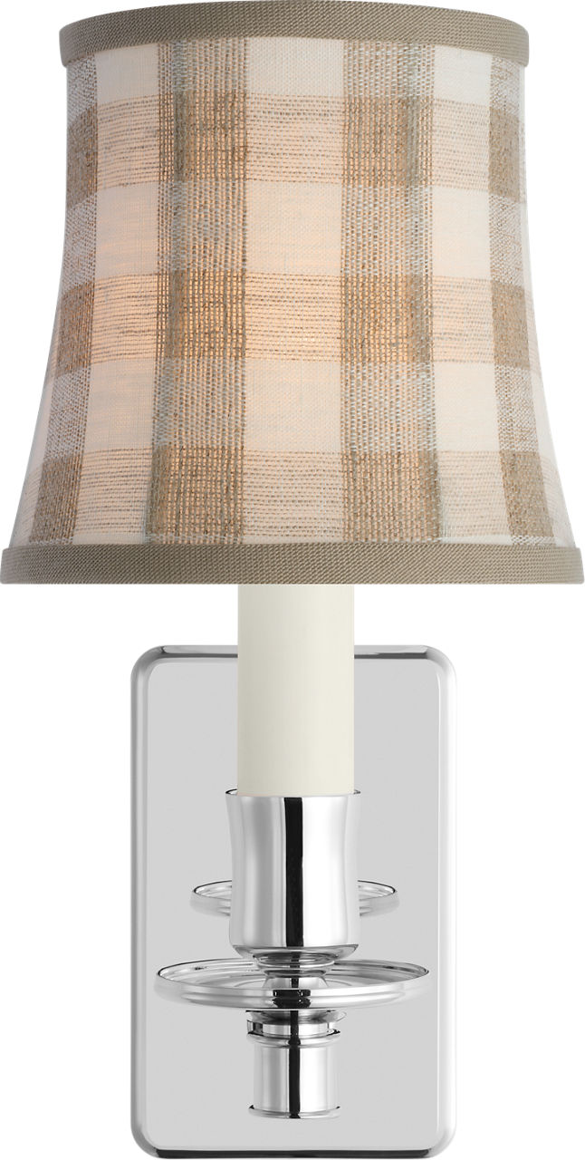 Tara 12" Sconce | Polished Nickel | Schumacher Natural Sidney Check Soft Empire Shade
