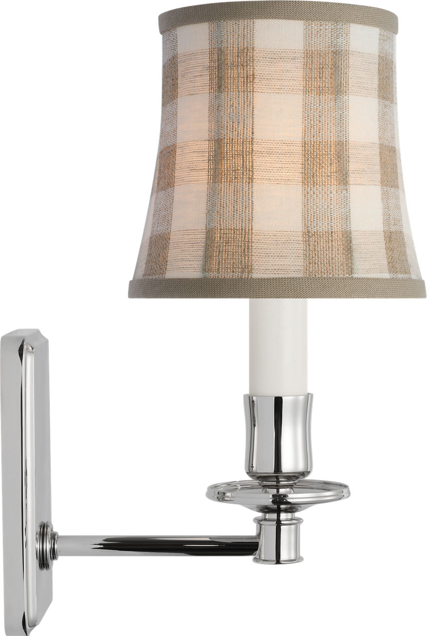 Tara 12" Sconce | Polished Nickel | Schumacher Natural Sidney Check Soft Empire Shade