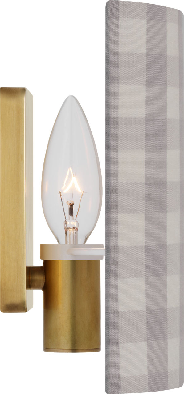 Maeve 8" Shield Sconce | Hand-Rubbed Antique Brass | Schumacher Lilac Elton Check Shield