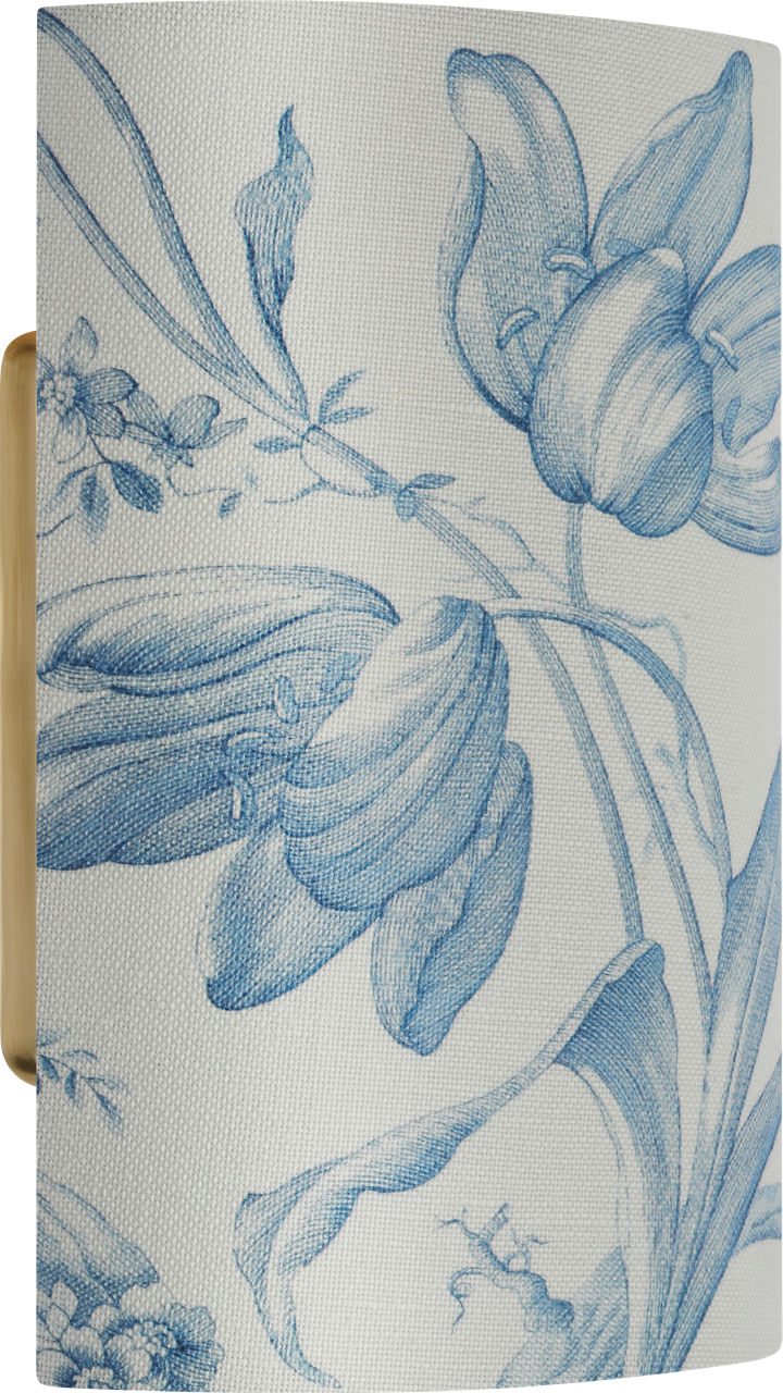 Maeve 8" Shield Sconce | Hand-Rubbed Antique Brass | Schumacher Delft Toile De Fleurs Shield