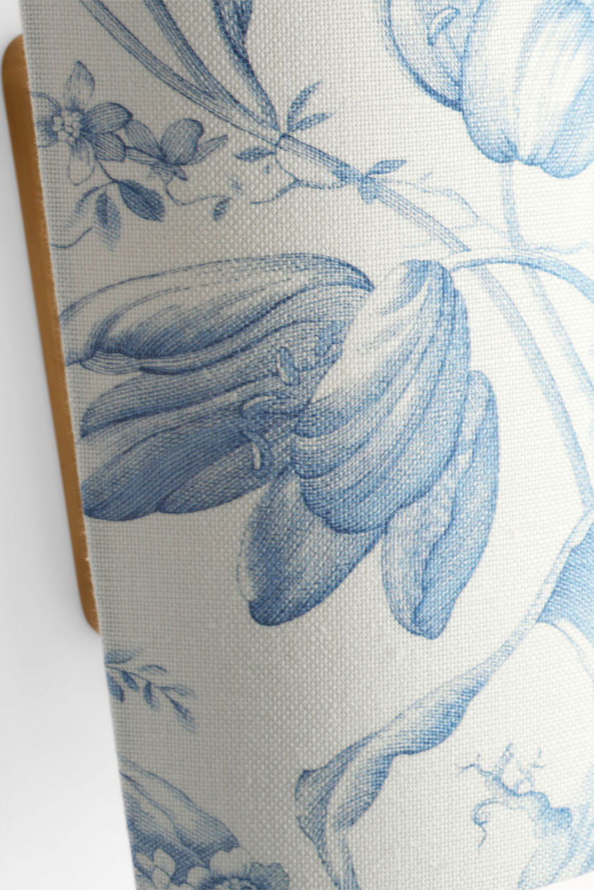 Maeve 8" Shield Sconce | Hand-Rubbed Antique Brass | Schumacher Delft Toile De Fleurs Shield