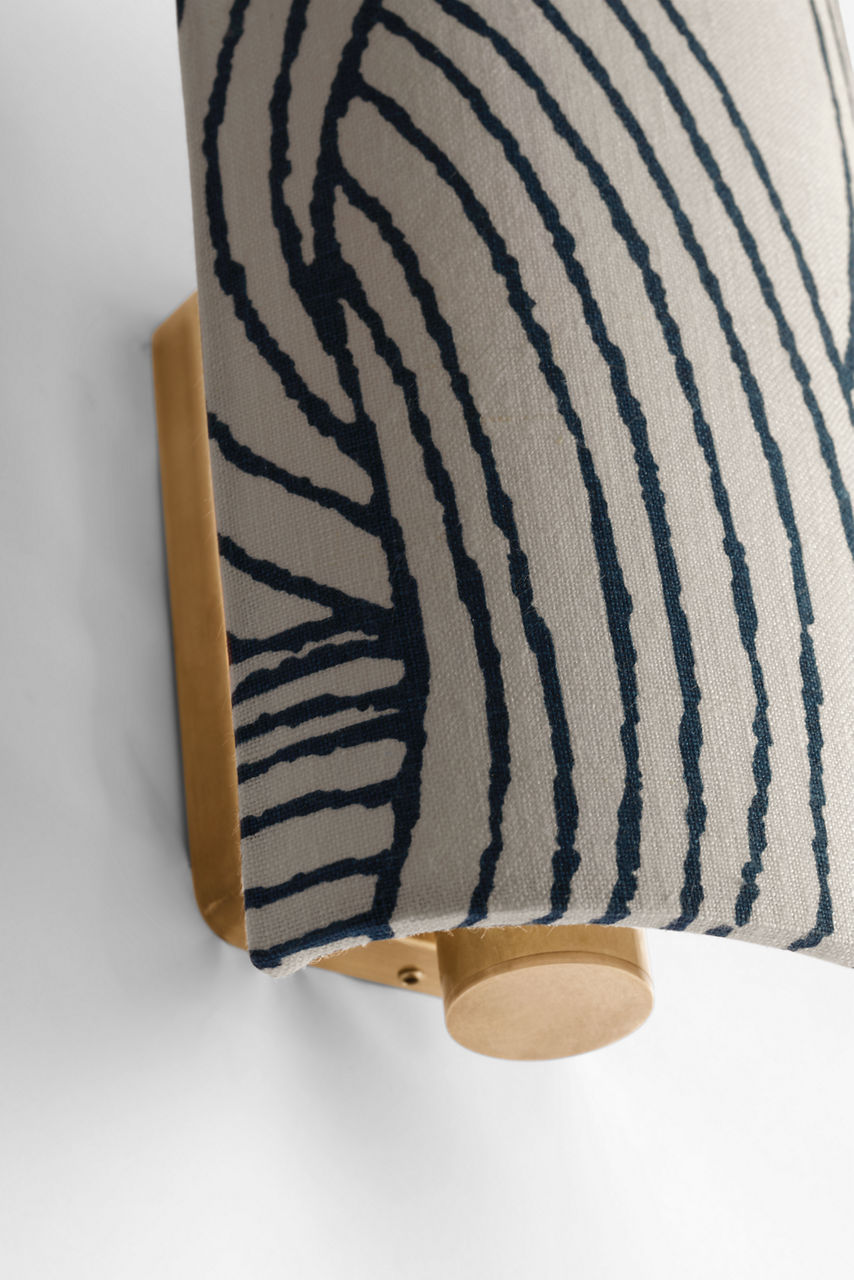 Maeve 8" Shield Sconce | Hand-Rubbed Antique Brass | Schumacher Blue Freeform Shield