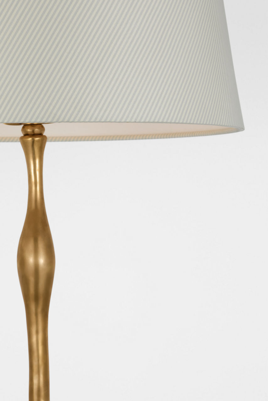 Romero Medium Table Lamp | Hand-Rubbed Antique Brass | Schumacher 16" Blue Charee Stripe Empire Shade