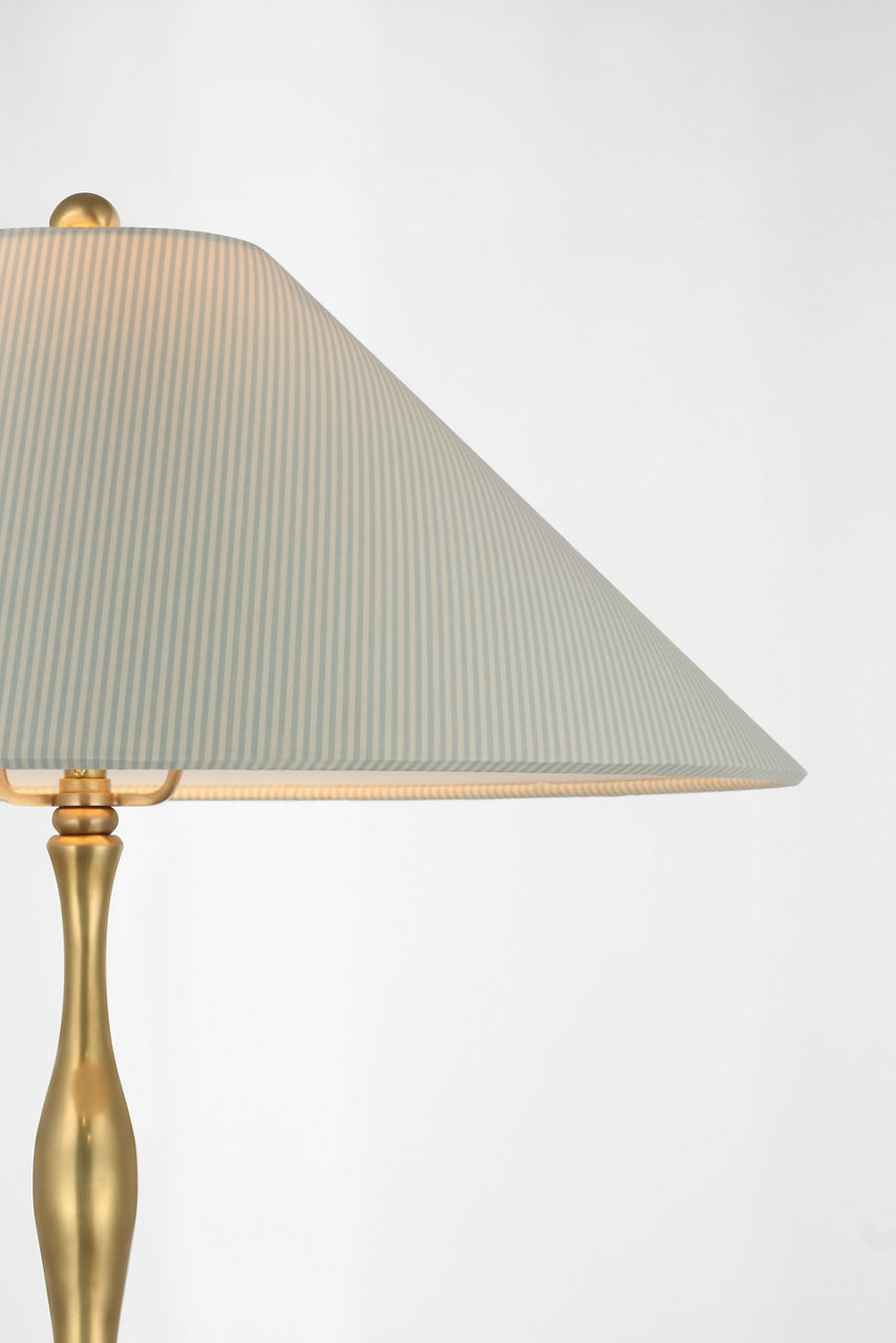 Romero Medium Table Lamp | Hand-Rubbed Antique Brass | Schumacher 19" Blue Charee Stripe Flare Shade