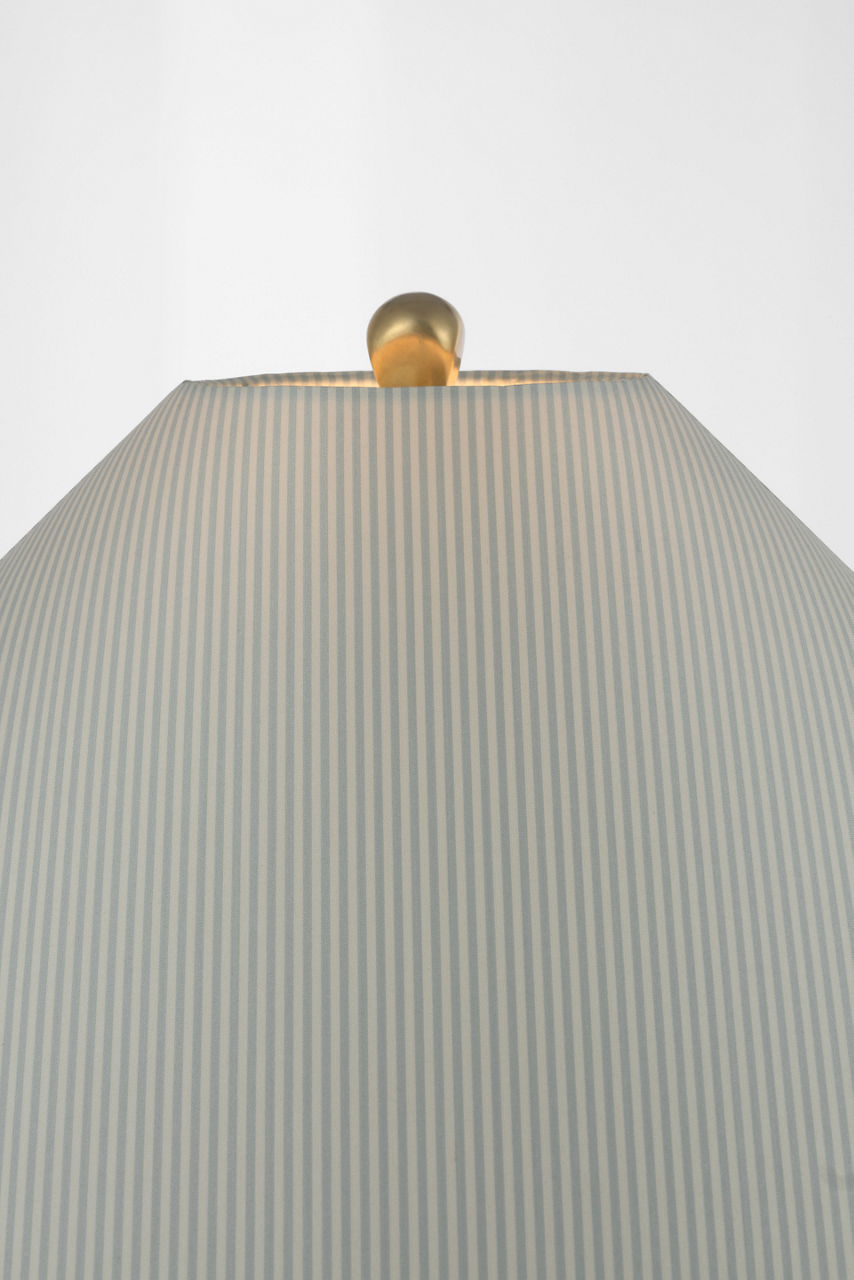 Romero Medium Table Lamp | Hand-Rubbed Antique Brass | Schumacher 19" Blue Charee Stripe Flare Shade