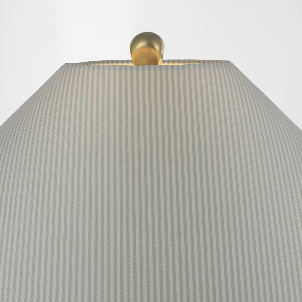 Romero Medium Table Lamp | Hand-Rubbed Antique Brass | Schumacher 19" Blue Charee Stripe Flare Shade