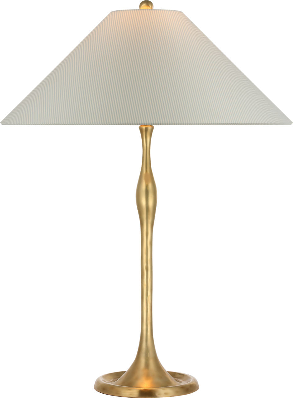 Romero Medium Table Lamp | Hand-Rubbed Antique Brass | Schumacher 19" Blue Charee Stripe Flare Shade