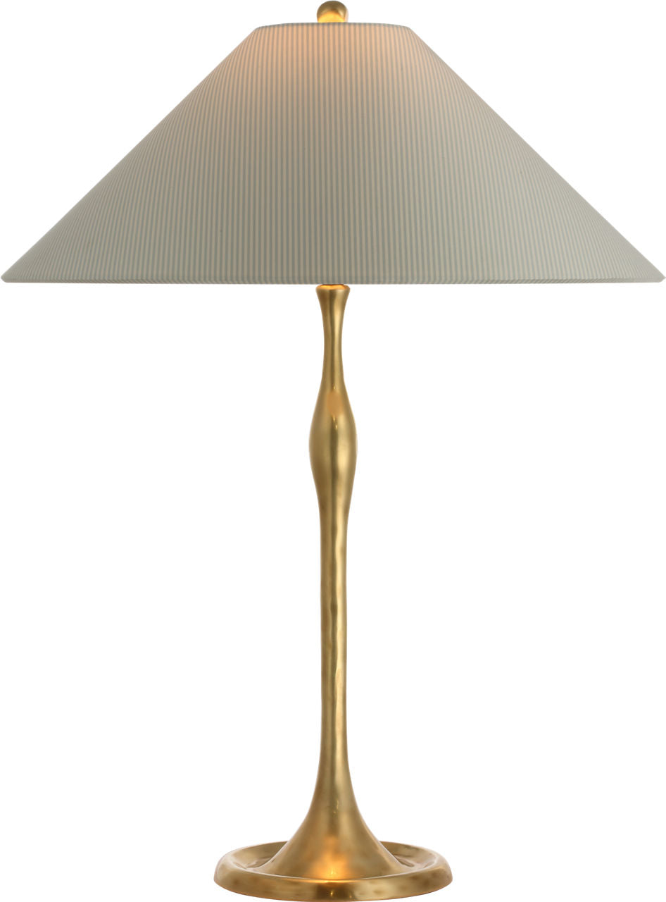 Romero Medium Table Lamp | Hand-Rubbed Antique Brass | Schumacher 19" Blue Charee Stripe Flare Shade