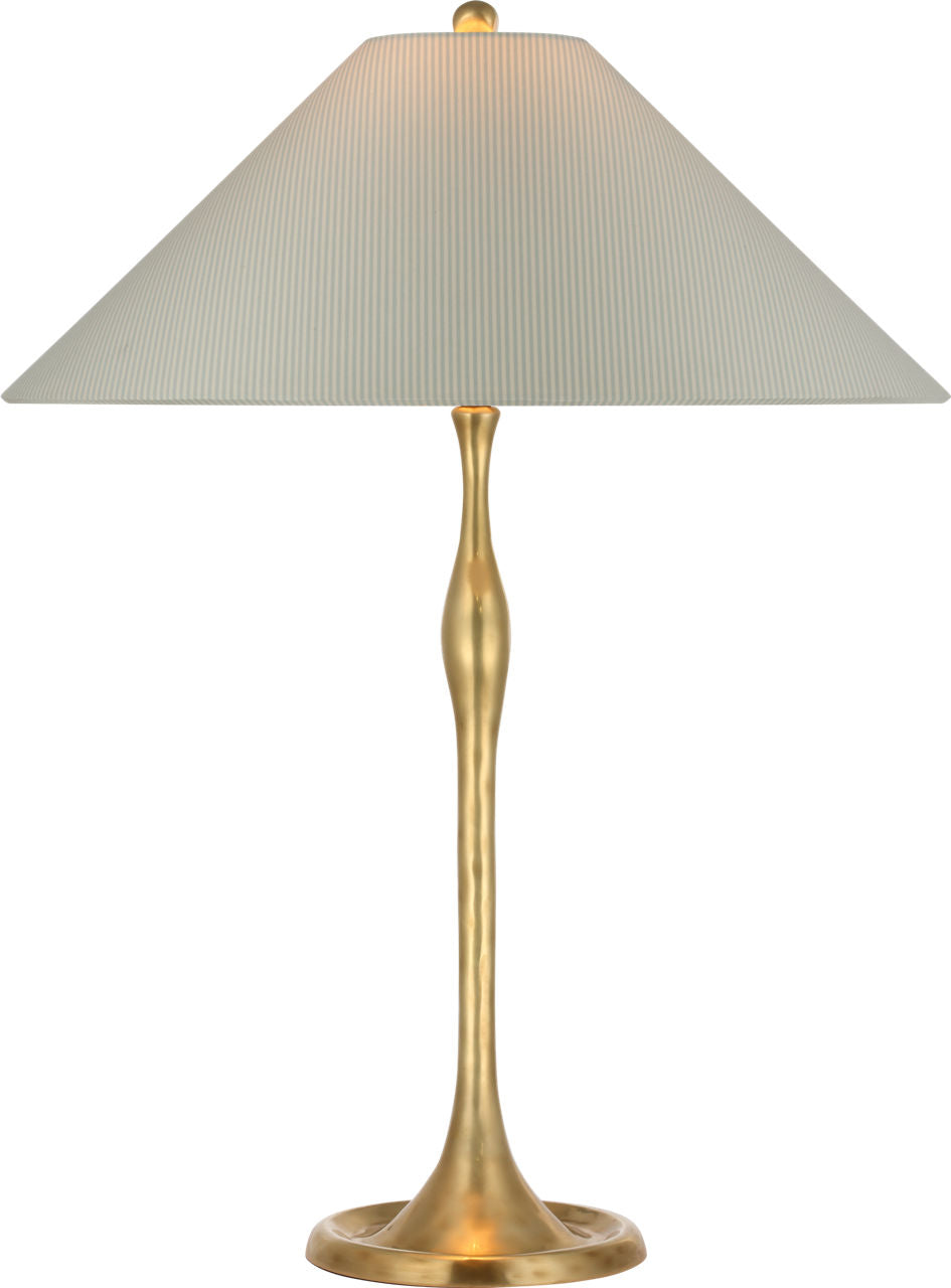 Romero Medium Table Lamp | Hand-Rubbed Antique Brass | Schumacher 19" Blue Charee Stripe Flare Shade