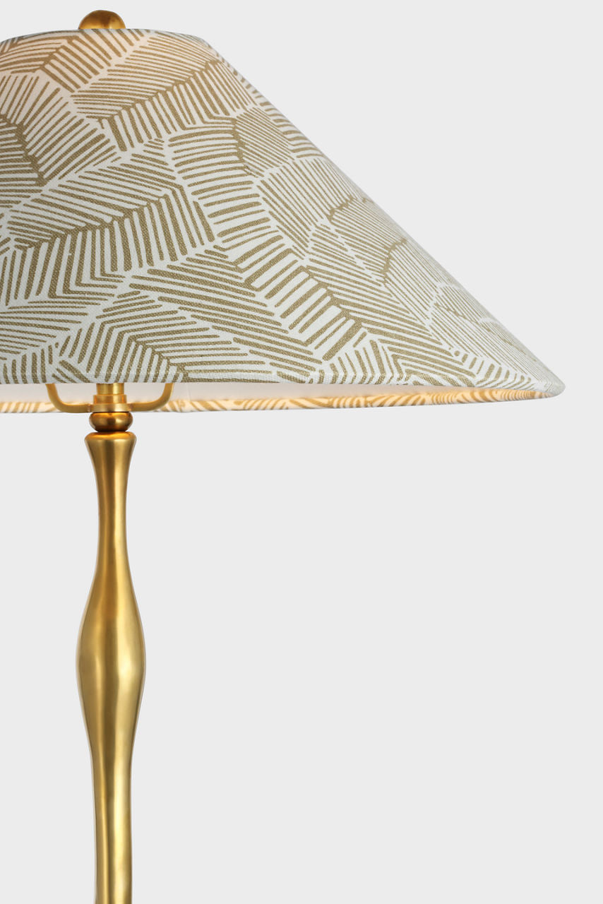 Romero Medium Table Lamp | Hand-Rubbed Antique Brass | Schumacher 19" Taupe Abstract Leaf Flare Shade