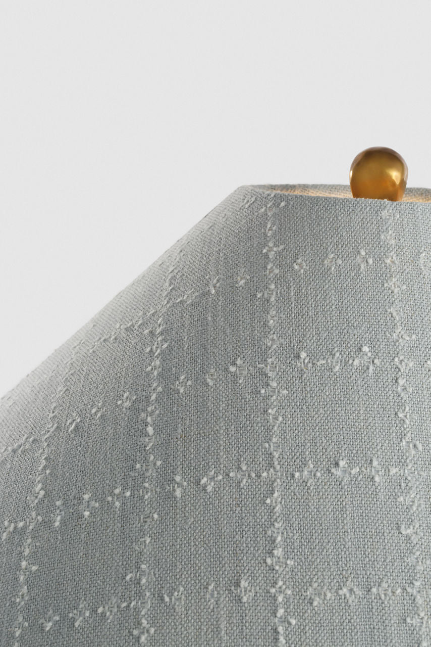 Romero Medium Table Lamp | Hand-Rubbed Antique Brass | Schumacher 19" Sky Elin Check Flare Shade