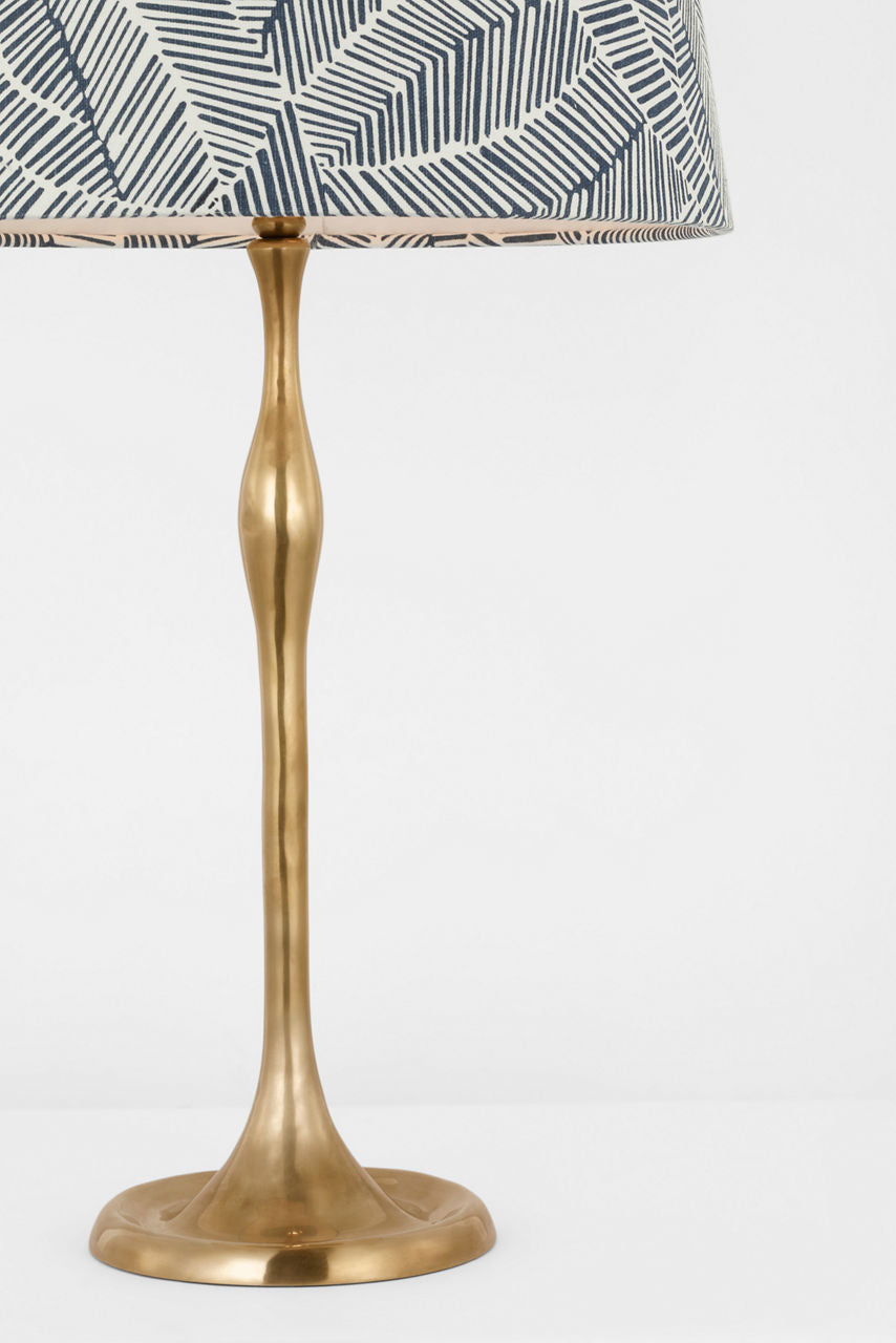 Romero Medium Table Lamp | Hand-Rubbed Antique Brass | Schumacher 16" Navy Abstract Leaf Empire Shade