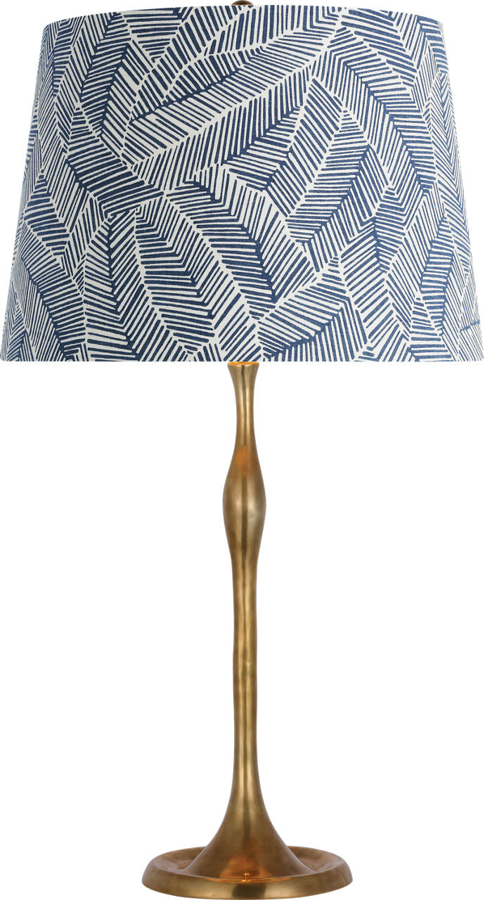 Romero Medium Table Lamp | Hand-Rubbed Antique Brass | Schumacher 16" Navy Abstract Leaf Empire Shade