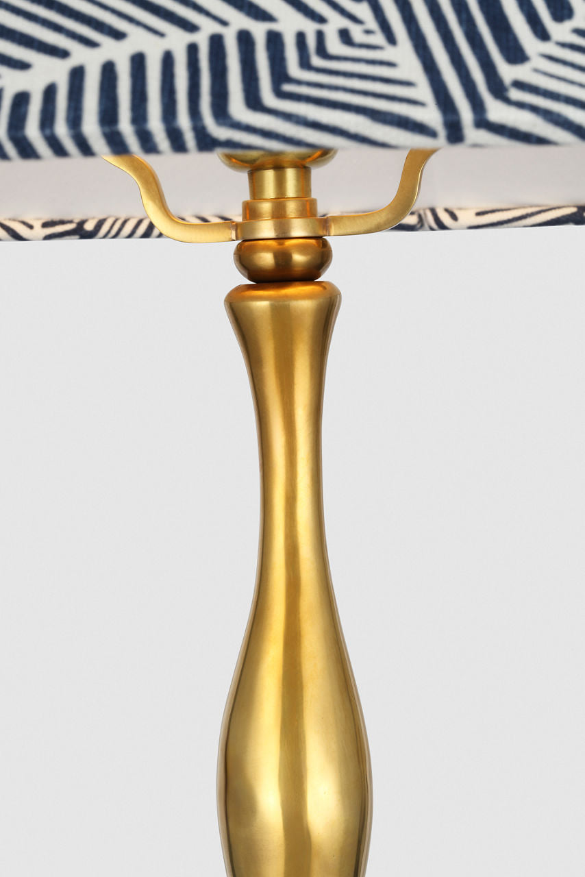 Romero Medium Table Lamp | Hand-Rubbed Antique Brass | Schumacher 19" Navy Abstract Leaf Flare Shade
