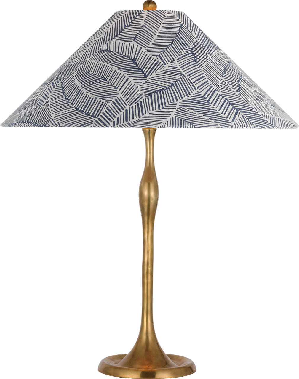 Romero Medium Table Lamp | Hand-Rubbed Antique Brass | Schumacher 19" Navy Abstract Leaf Flare Shade