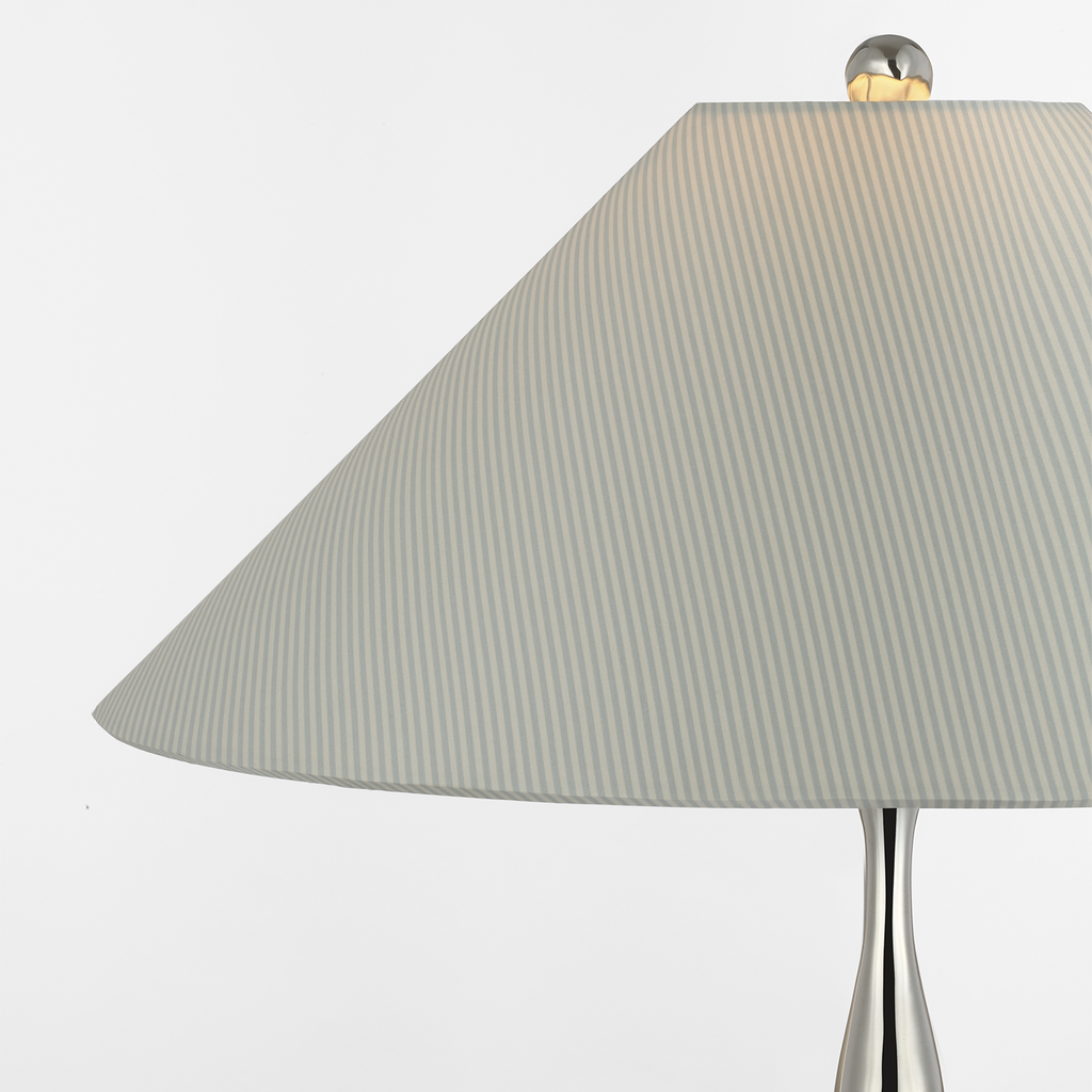 Romero Medium Table Lamp | Polished Nickel | Schumacher 19" Blue Charee Stripe Flare Shade