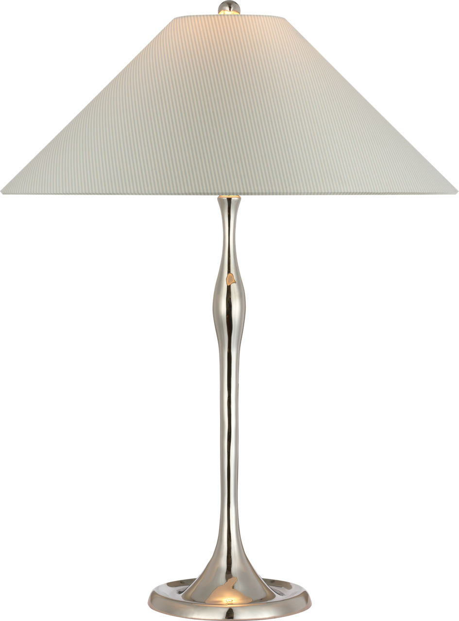 Romero Medium Table Lamp | Polished Nickel | Schumacher 19" Blue Charee Stripe Flare Shade