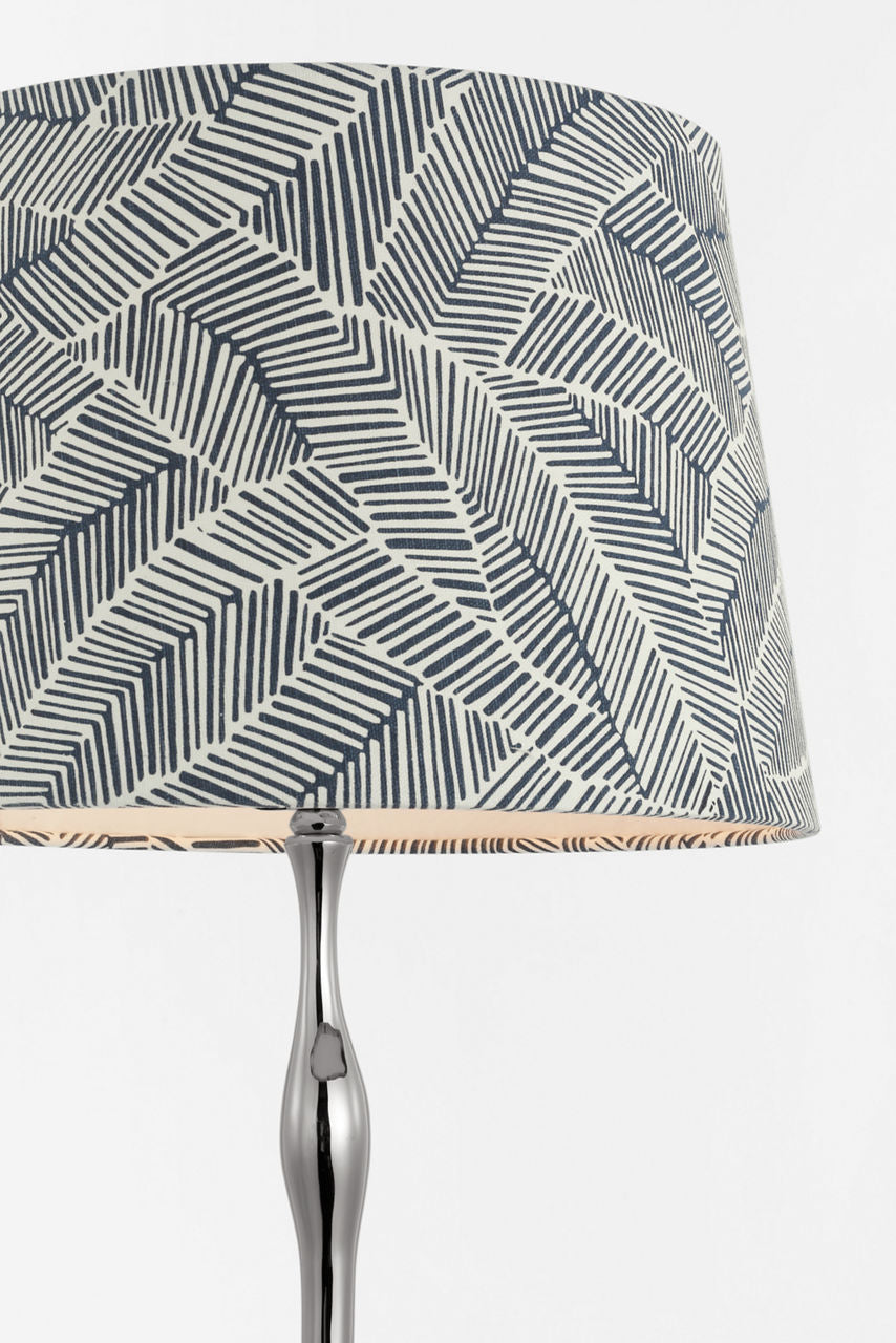 Romero Medium Table Lamp | Polished Nickel | Schumacher 16" Navy Abstract Leaf Empire Shade
