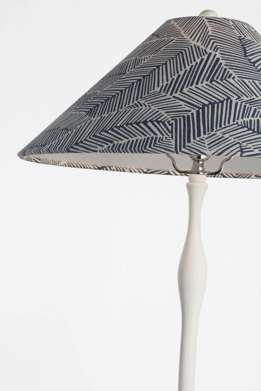 Romero Medium Table Lamp | Plaster White | Schumacher 19" Navy Abstract Leaf Flare Shade