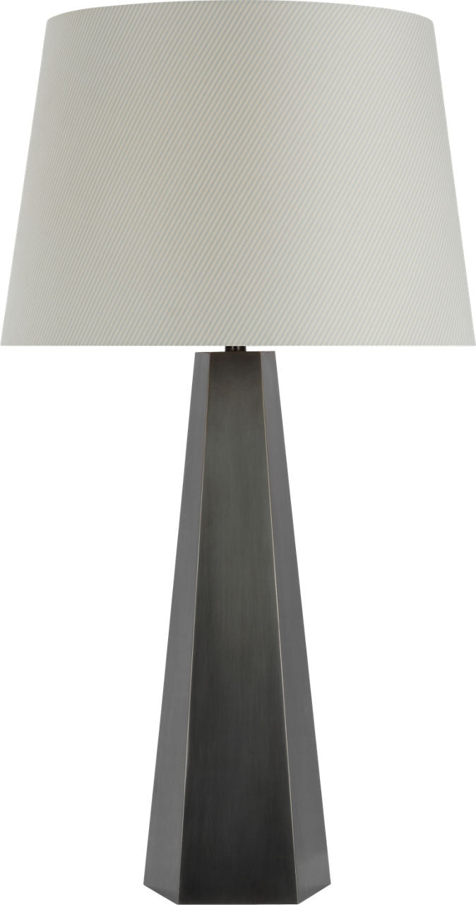 Zoran Medium Table Lamp | Bronze | Schumacher 16" Blue Charee Stripe Empire Shade