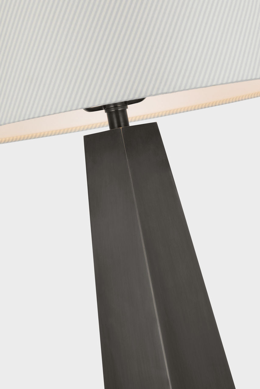 Zoran Medium Table Lamp | Bronze | Schumacher 16" Blue Charee Stripe Empire Shade
