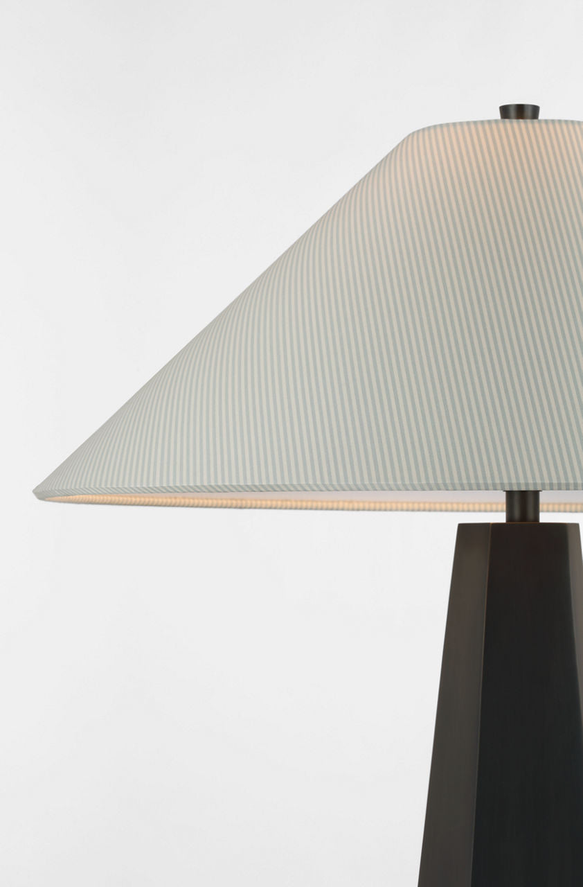 Zoran Medium Table Lamp | Bronze | Schumacher 21" Blue Charee Stripe Flare Shade