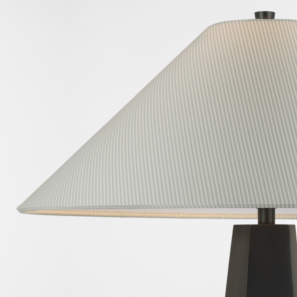 Zoran Medium Table Lamp | Bronze | Schumacher 21" Blue Charee Stripe Flare Shade