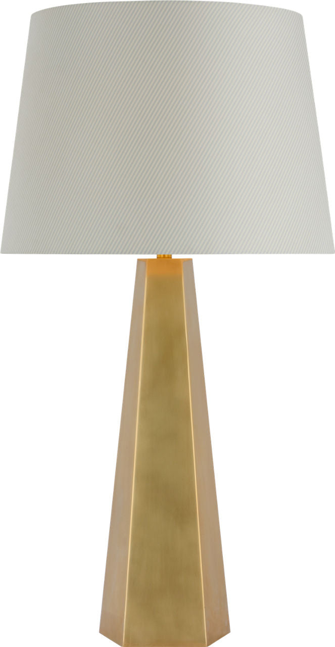 Zoran Medium Table Lamp | Hand-Rubbed Antique Brass | Schumacher 16" Blue Charee Stripe Empire Shade