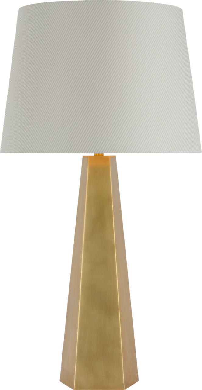 Zoran Medium Table Lamp | Hand-Rubbed Antique Brass | Schumacher 16" Blue Charee Stripe Empire Shade