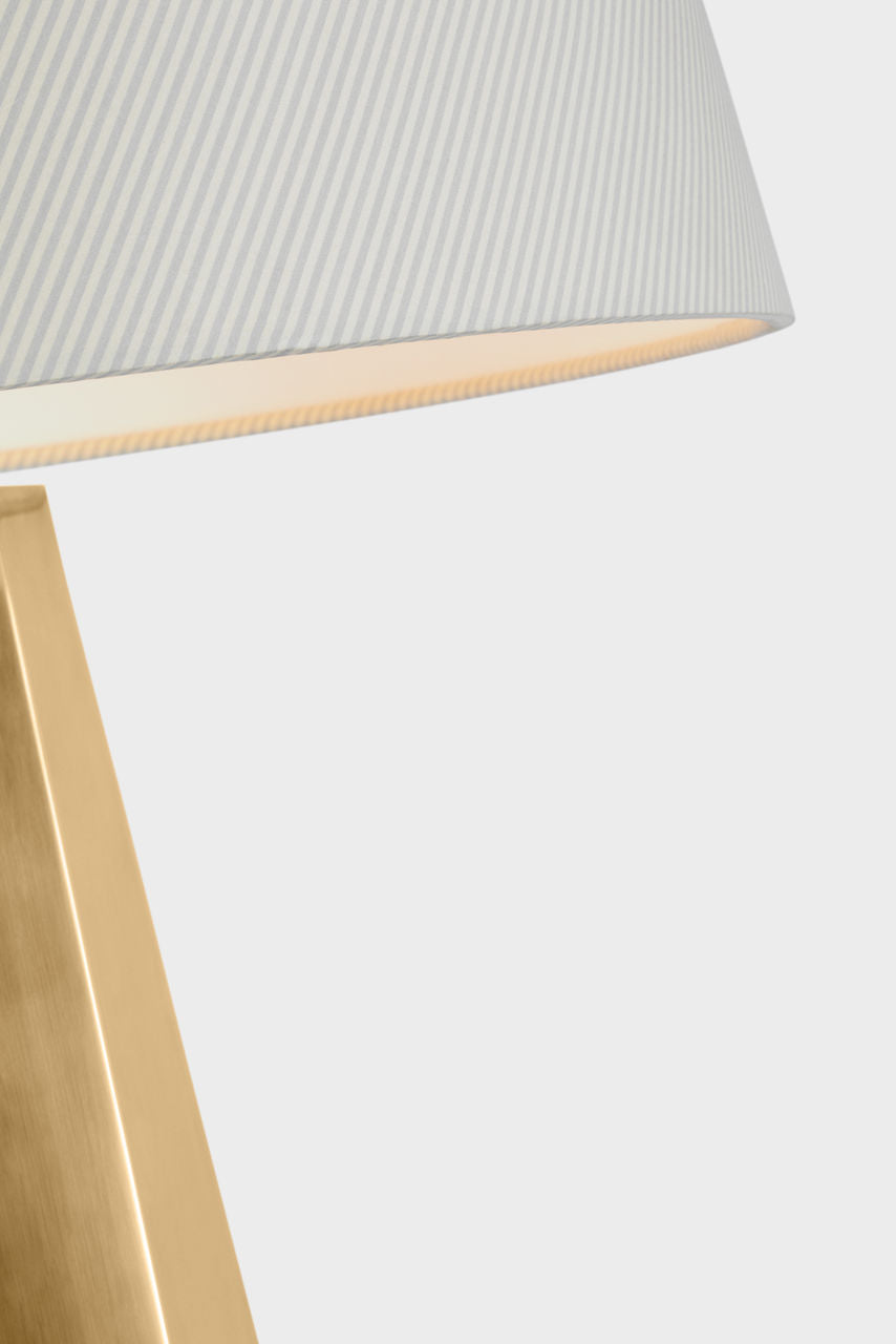 Zoran Medium Table Lamp | Hand-Rubbed Antique Brass | Schumacher 16" Blue Charee Stripe Empire Shade