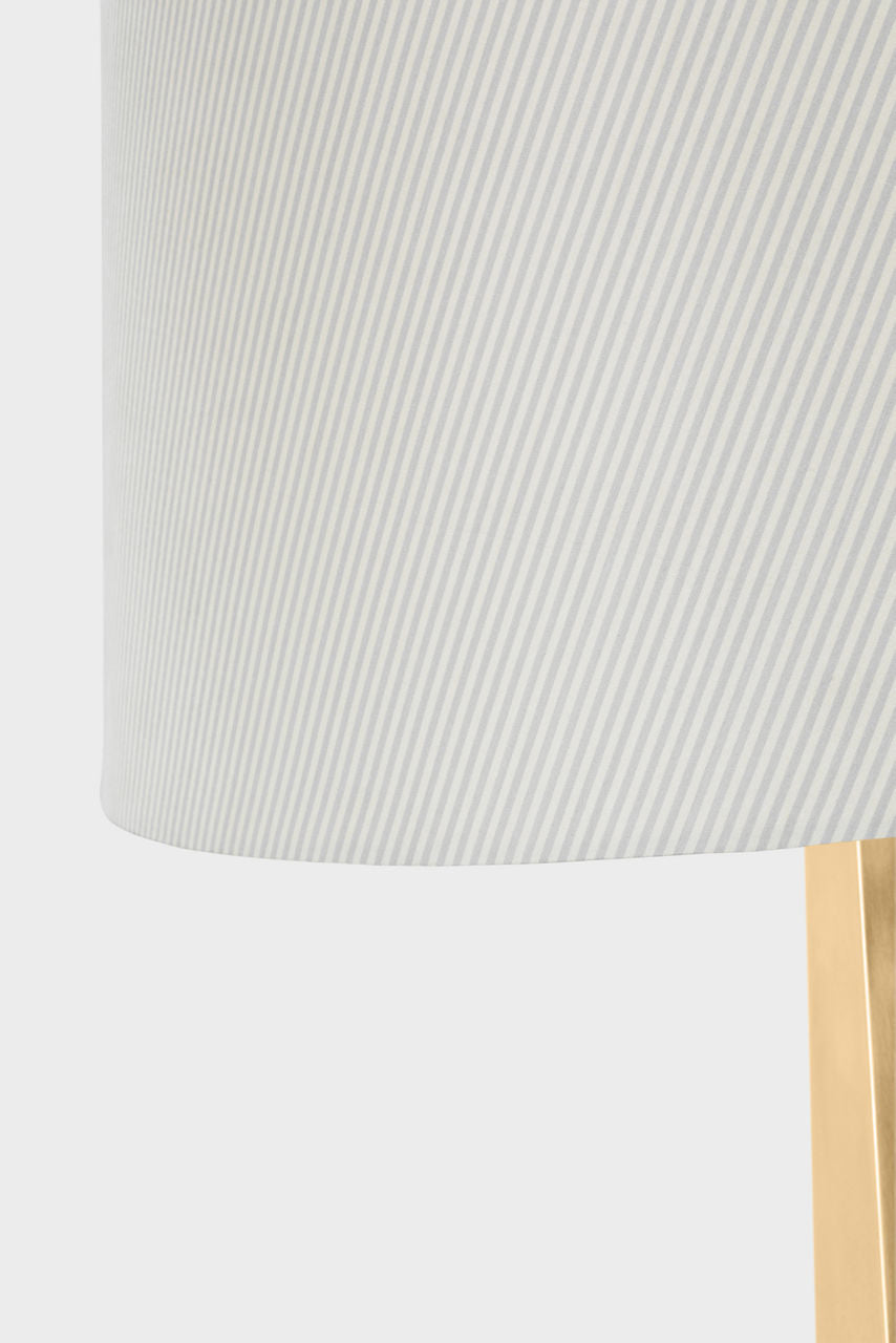 Zoran Medium Table Lamp | Hand-Rubbed Antique Brass | Schumacher 16" Blue Charee Stripe Empire Shade