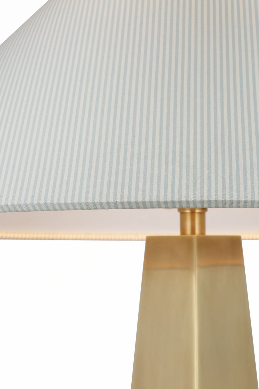 Zoran Medium Table Lamp | Hand-Rubbed Antique Brass | Schumacher 21" Blue Charee Stripe Flare Shade
