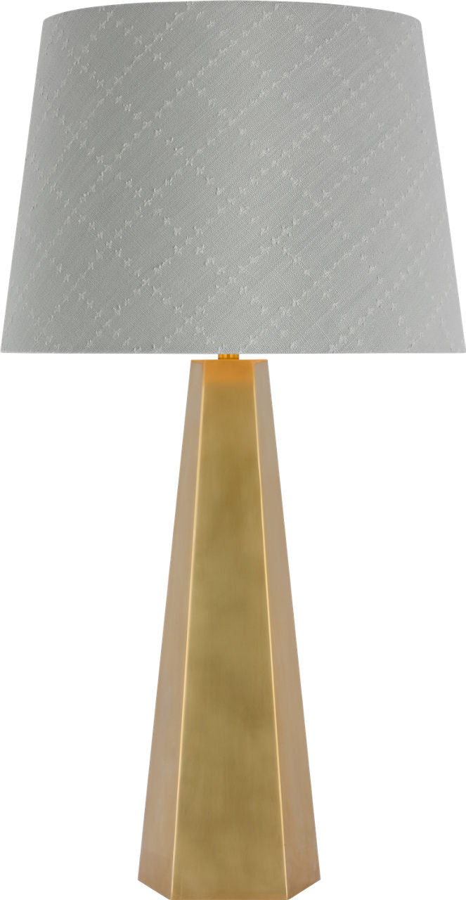 Zoran Medium Table Lamp | Hand-Rubbed Antique Brass | Schumacher 16" Sky Elin Check Empire Shade