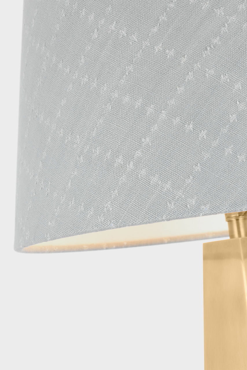 Zoran Medium Table Lamp | Hand-Rubbed Antique Brass | Schumacher 16" Sky Elin Check Empire Shade