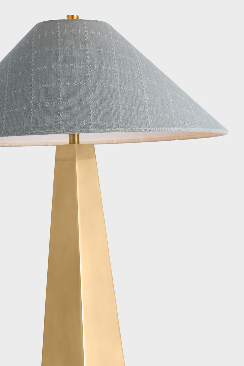 Zoran Medium Table Lamp | Hand-Rubbed Antique Brass | Schumacher 21" Sky Elin Check Flare Shade